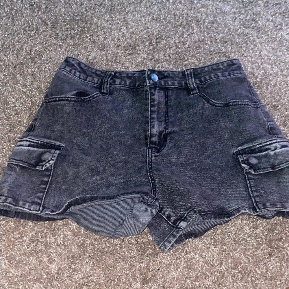 Fashion Nova Black Cargo Shorts with Distressed Details